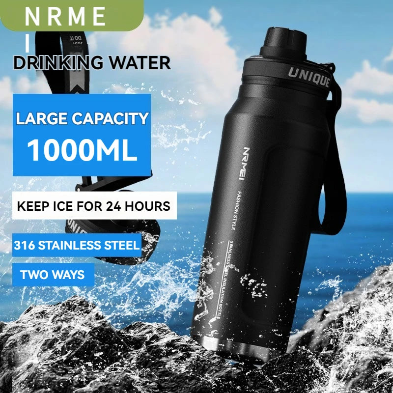 Black insulated stainless steel sports water bottle with side carry loop and cap