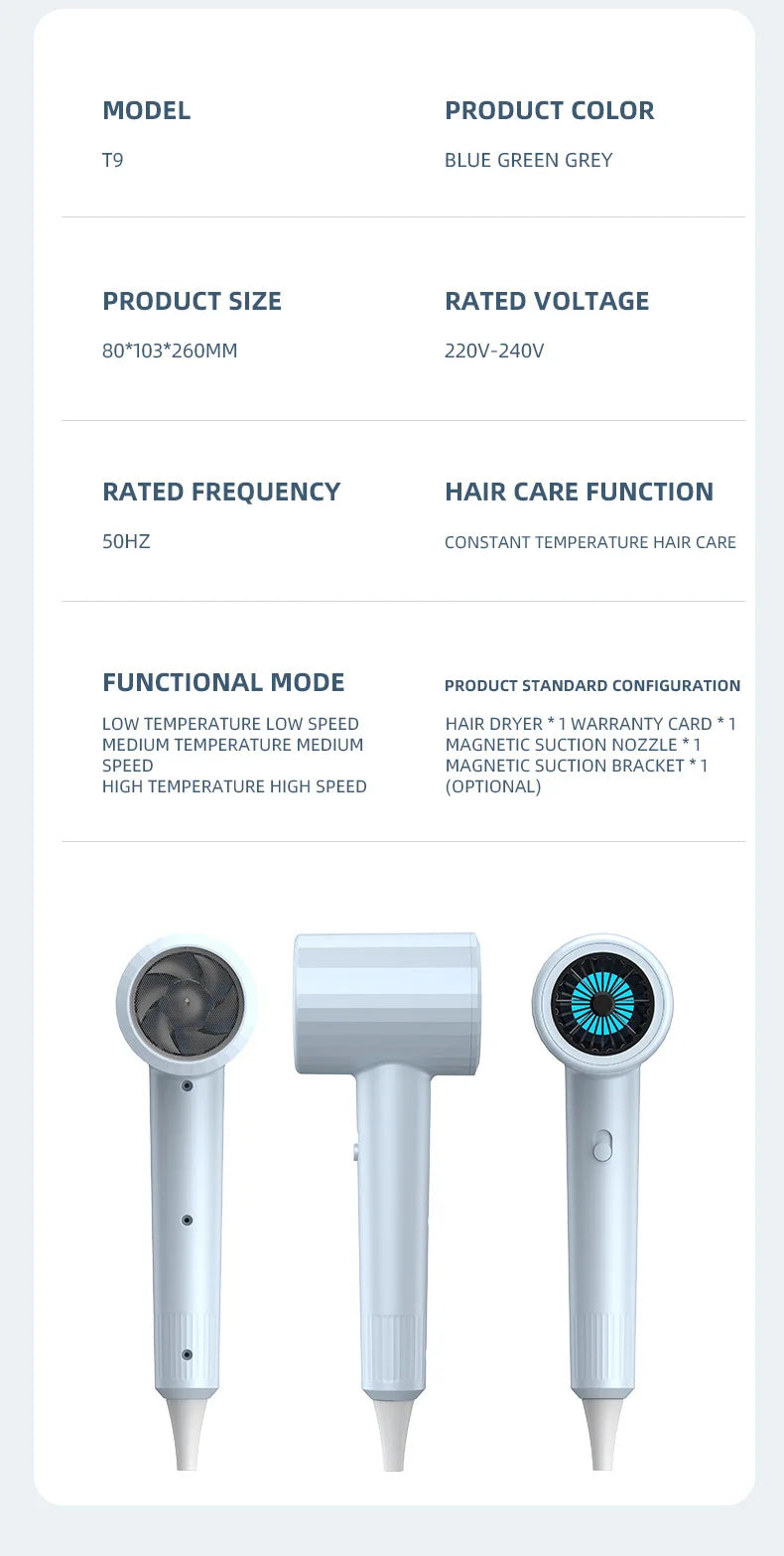 Hair dryer product lineup with magnetic suction nozzle in blue, gray, and green