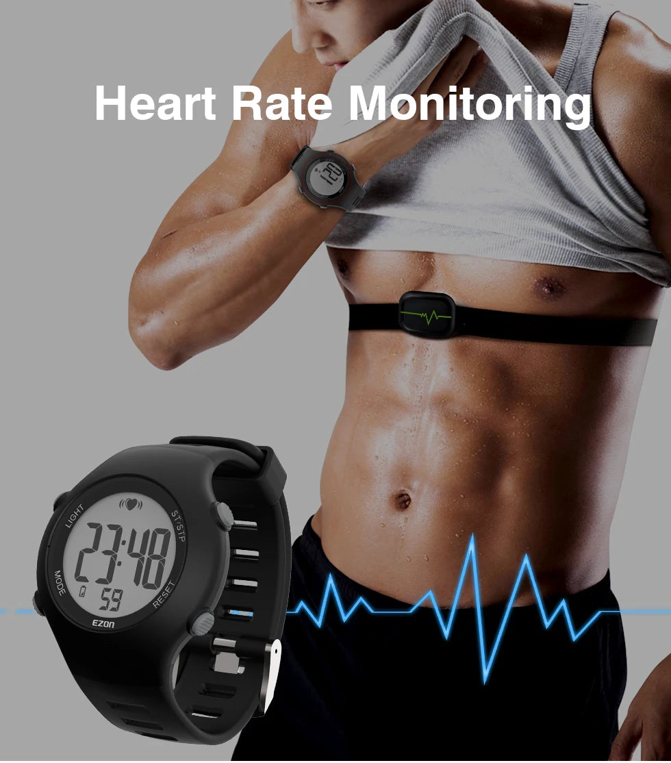 Sports heart rate monitor watch with black silicone strap and Bluetooth chest sensor