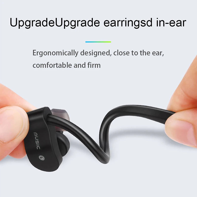 Black ear-loop earbuds with in-ear tips, shown being adjusted by fingers