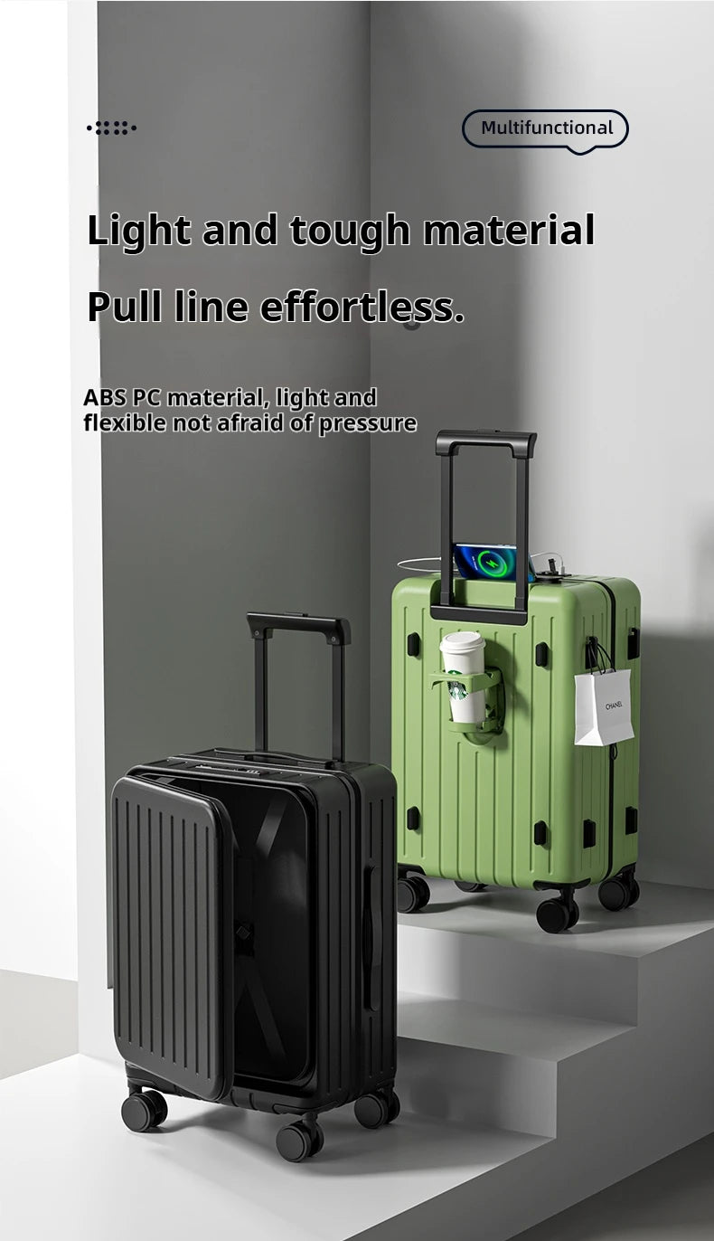 Green and black hard-shell rolling suitcases with cup holder on top compartments