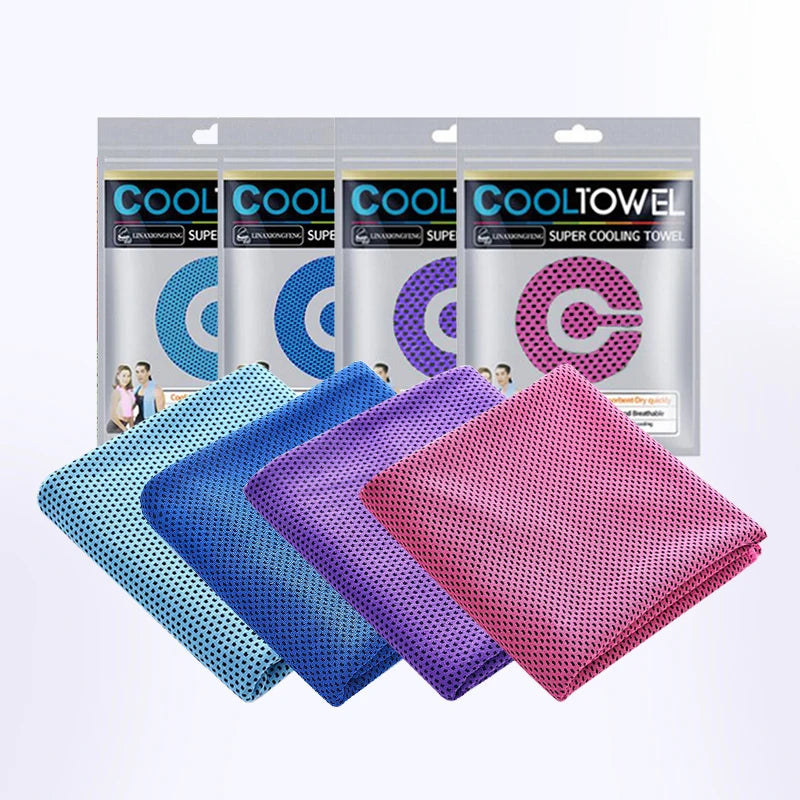 4-pack Cedar & Moore cooling towels in blue, light blue, purple, pink; microfiber sports towels for gym, yoga, outdoors.