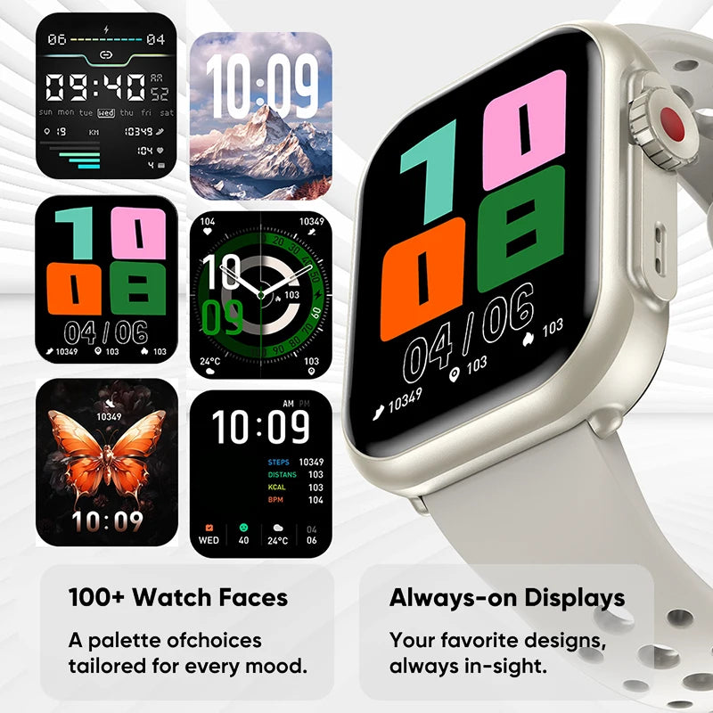 Smart watch Cedar and Moore with beige case and white strap, 1.96-inch AMOLED display and multiple watch faces