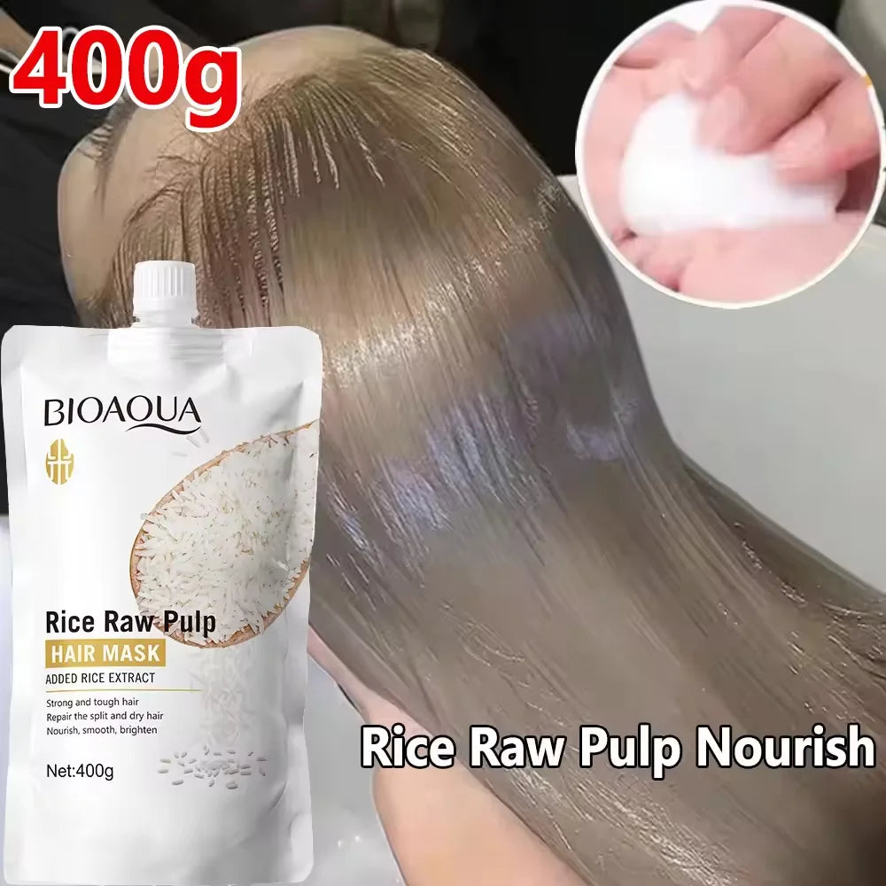 Rice Raw Pulp Nourish Hair Mask pouch BIOAQUA 400g, hydrating treatment for damaged hair and smoothness
