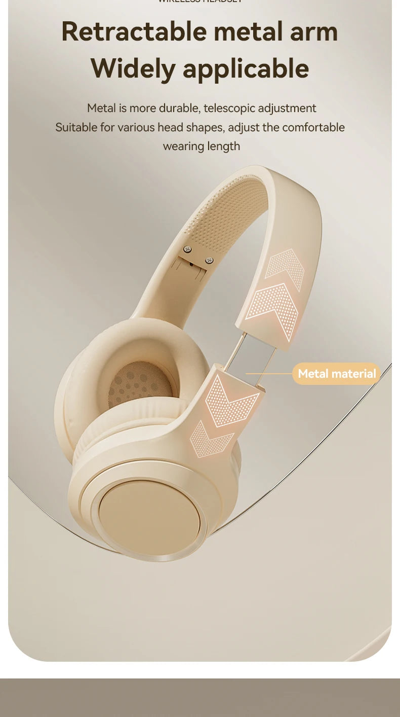 Over-ear wireless Bluetooth headphones with retractable metal arm, cream/khaki color.