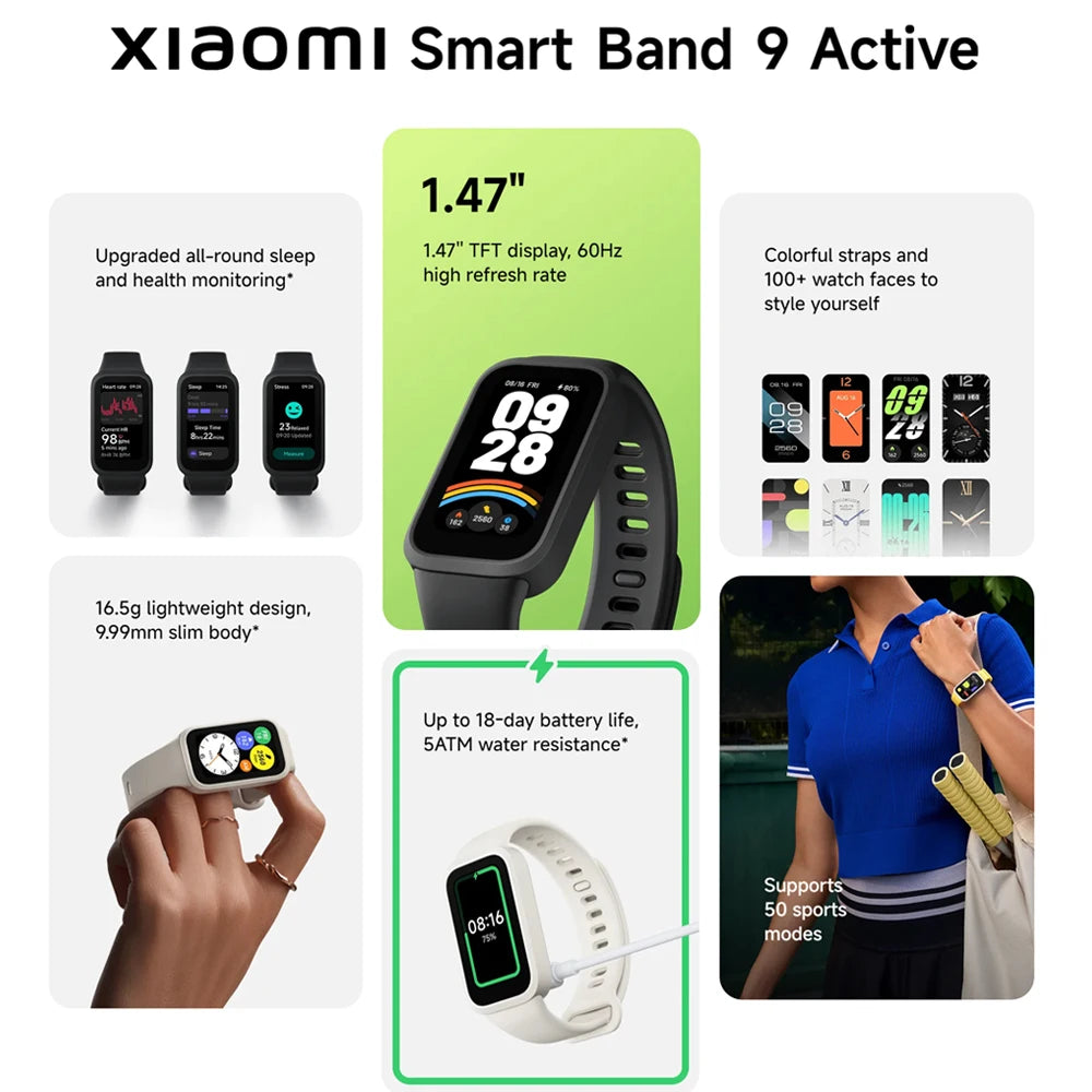 Smart Band 9 Active - 1.47" TFT Display with 18-Day Battery & 50 Fitness Modes