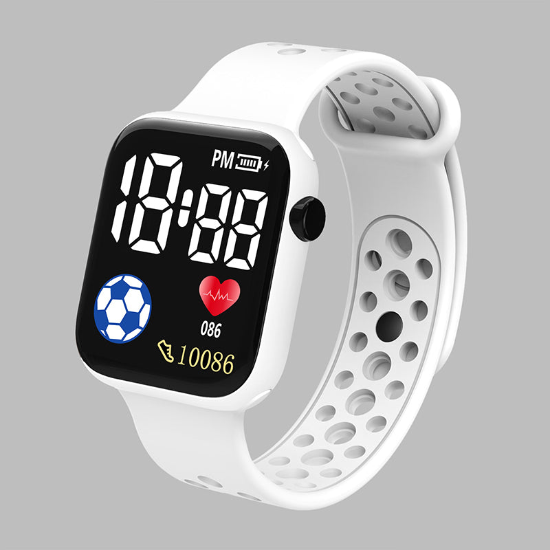 Kids LED digital watch with silicone strap, white case and band, black display screen