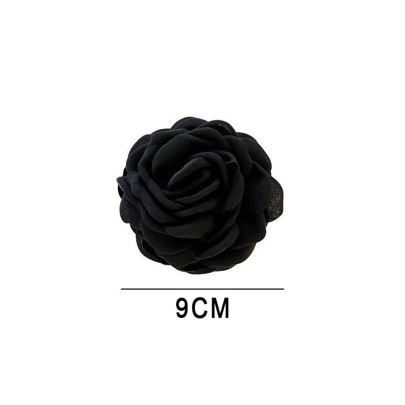 Black fabric rose hair claw clip, 9 cm wide