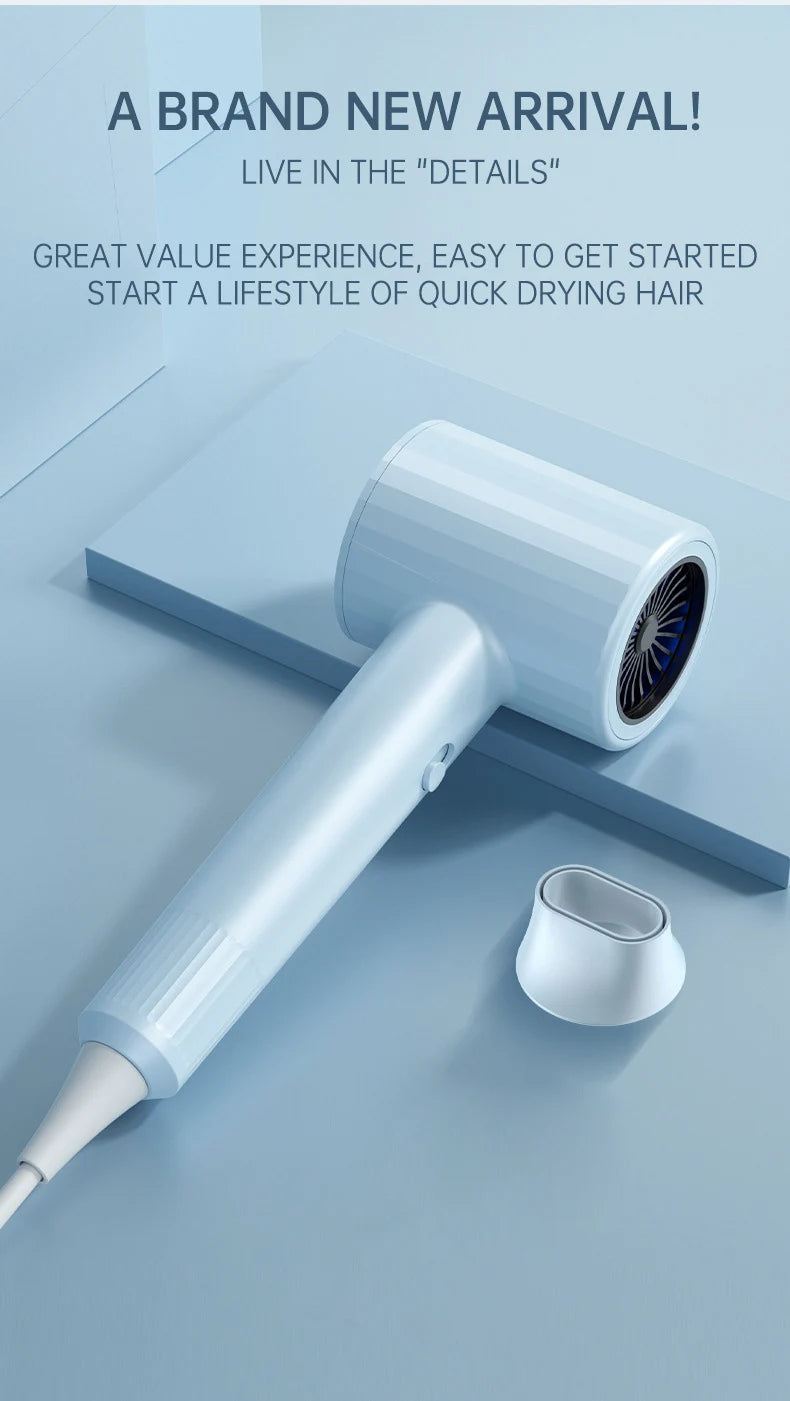 Blue hair dryer with concentrator nozzle and handle