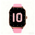 Smartwatch with pink silicone strap and rose-gold case, black screen with pink digital 10