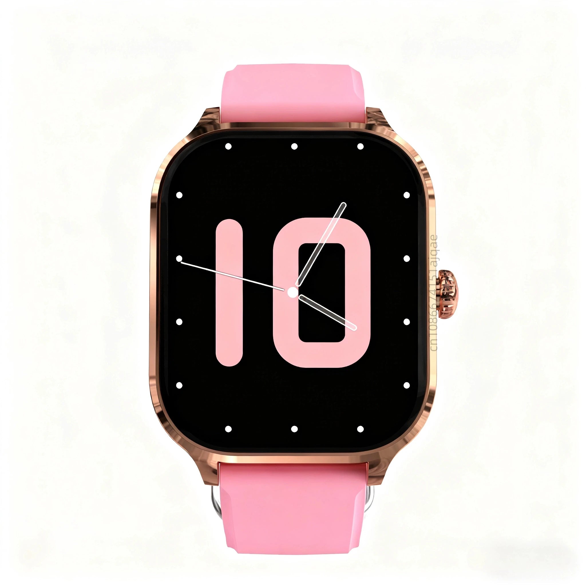 Smartwatch with pink silicone strap and rose-gold case, black screen with pink digital 10