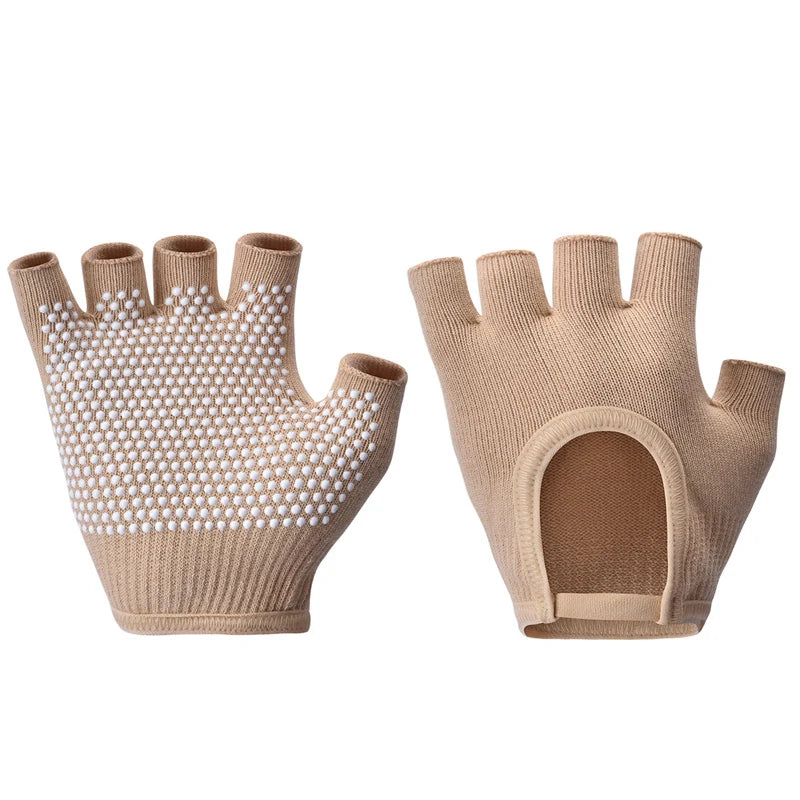 Beige half-finger yoga gloves with white grip dots and thumb ring