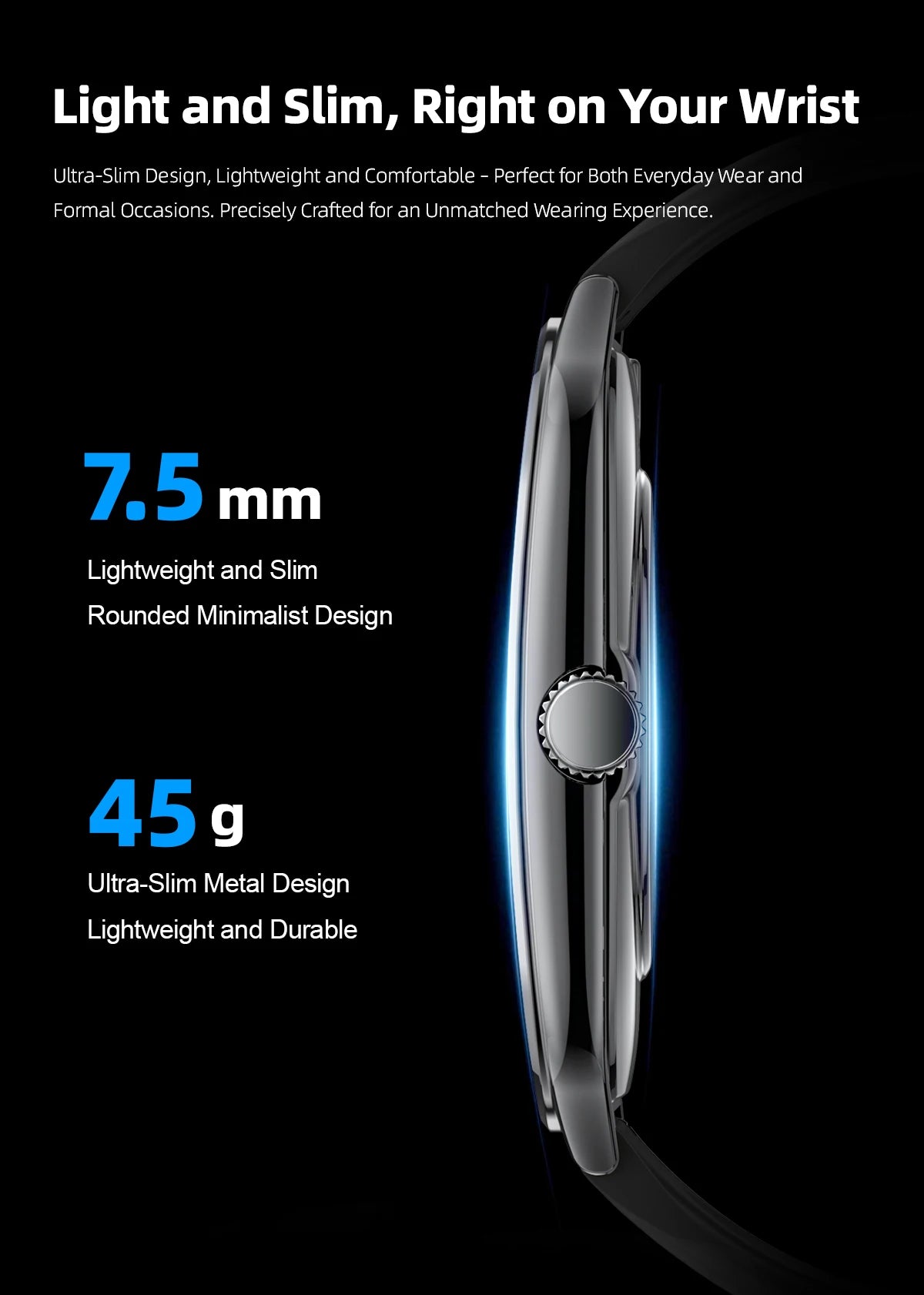 Ultra-thin AMOLED smart watch with silver metal case and black strap, side view