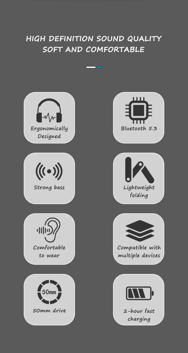 Black over-ear wireless headset shown as feature icons on a neutral card