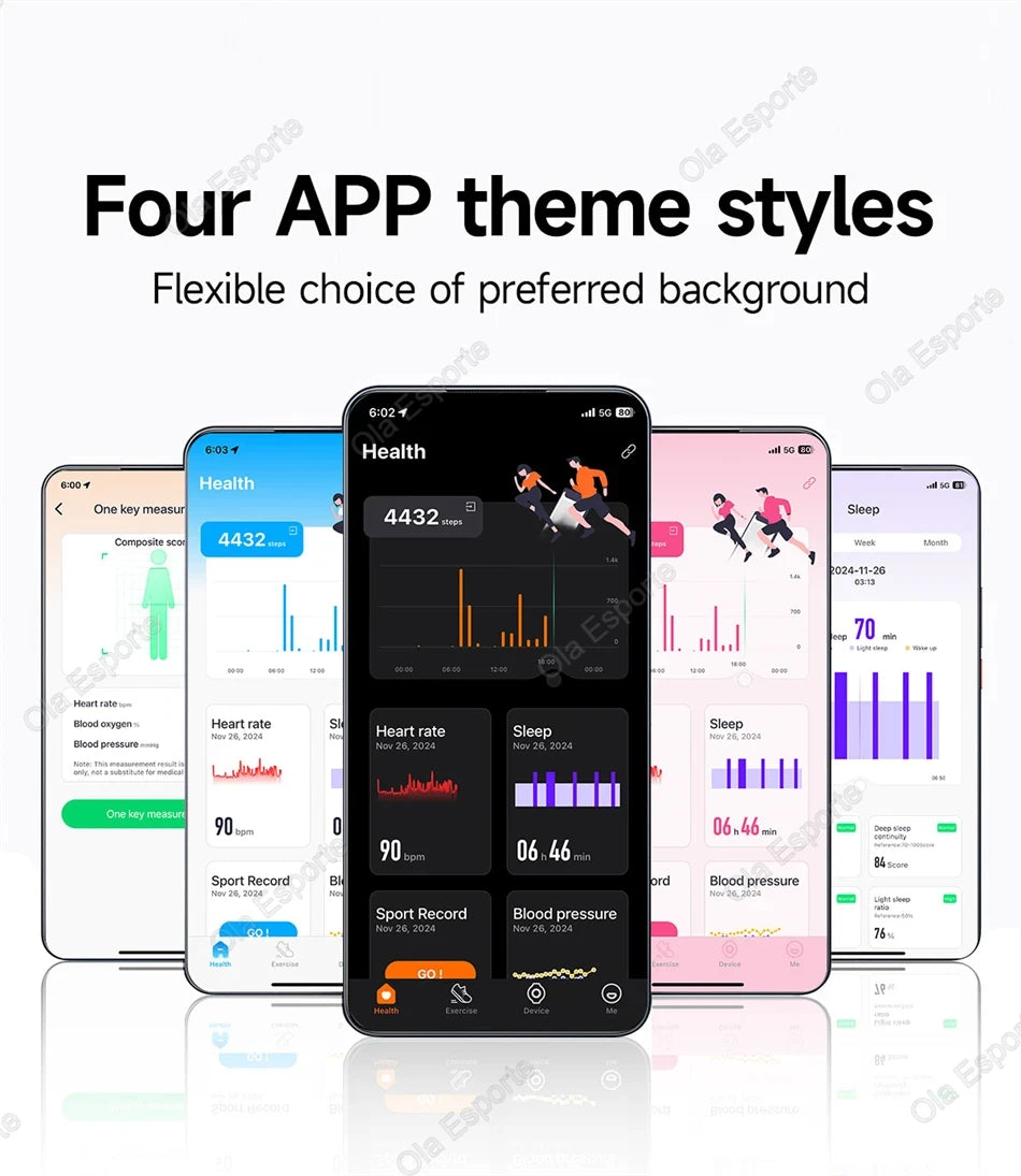 Fitness tracker smartwatch showing four app theme style screens