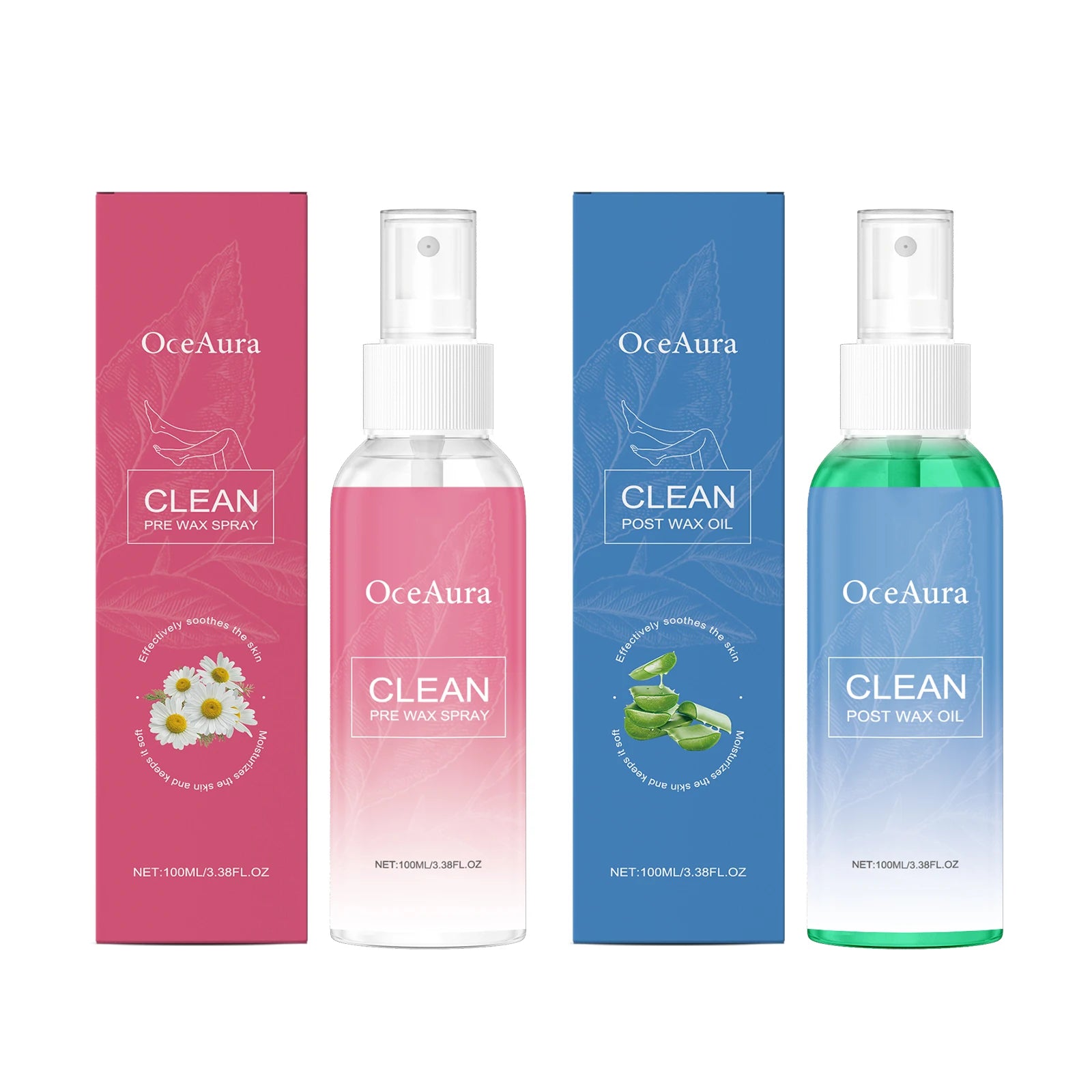 OceAura Clean pre/post wax spray bottles with red and blue boxes