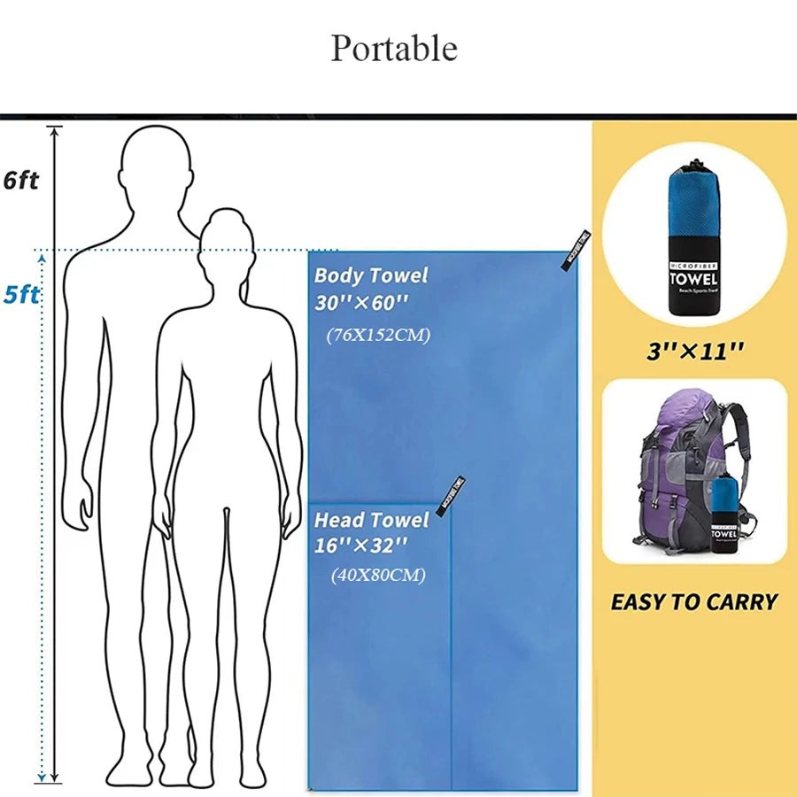 Quick-Dry Microfiber Sports Towel 2-towel kit with blue body towel and storage bag, Cedar Moore, portable gym towel