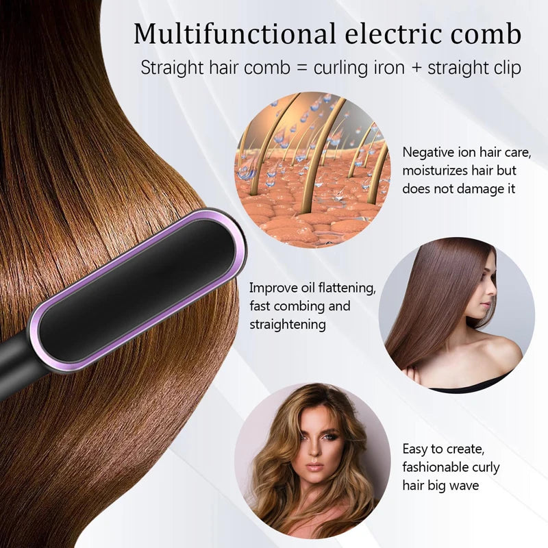 Electric hot brush hair straightener comb with purple-edged smoothing plate