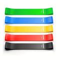 Five resistance bands in green, blue, yellow, red, and black with markers