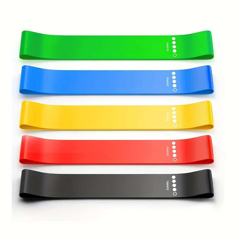 Five resistance bands in green, blue, yellow, red, and black with markers