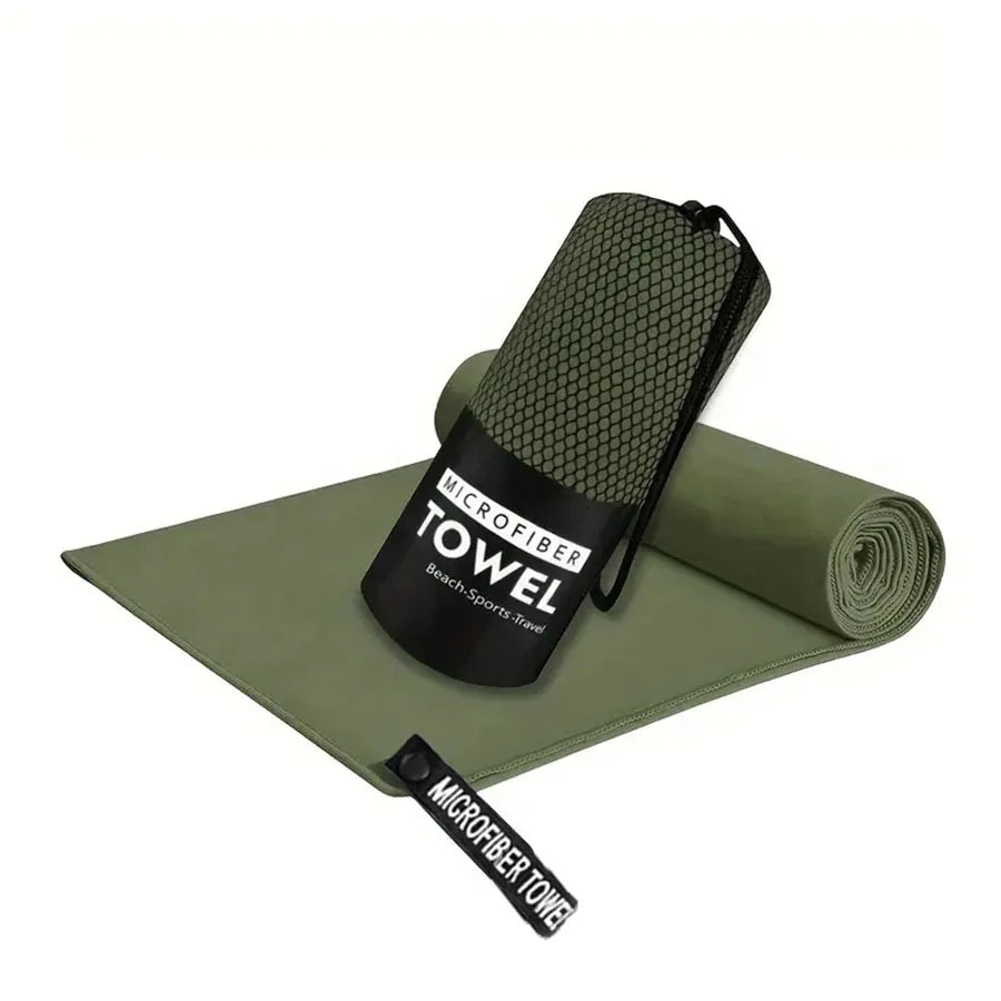Olive green microfiber gym towel set with pouch and matching carry bag