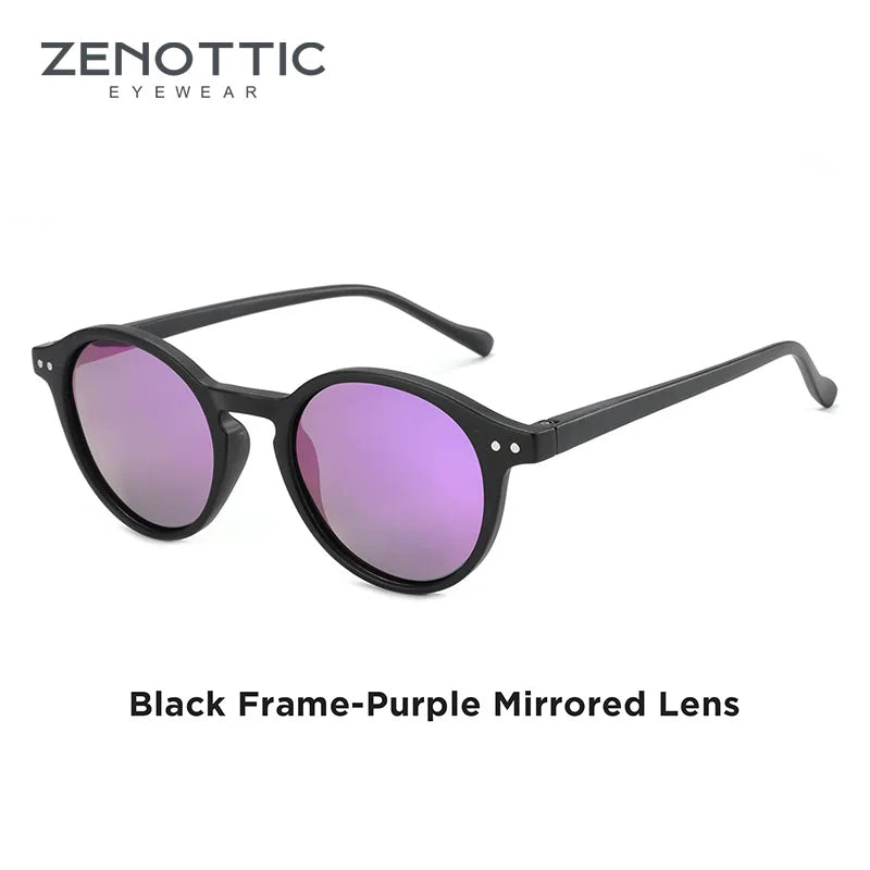 Small round retro polarized sunglasses, black frame, purple mirrored lenses
