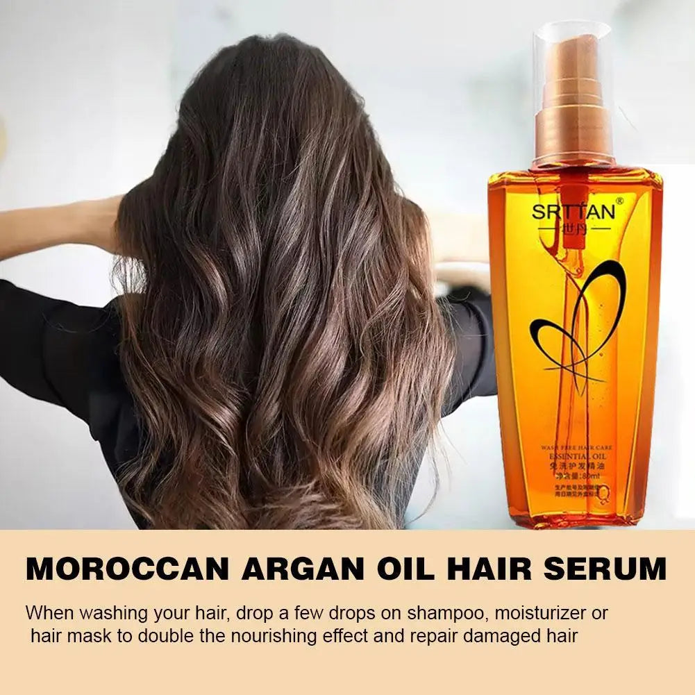 Hair serum bottle with white pump beside long wavy dark hair.