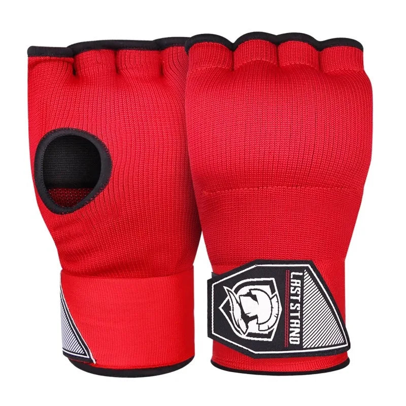 Half finger gel boxing gloves in red with open thumb, padded knuckles, and wrist wrap.