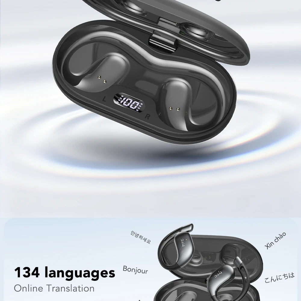 Open black charging case with two dark earbuds inside, charging contacts visible