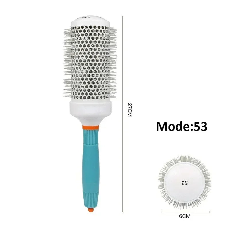 Hair styling brush with round barrel, silver bristles, teal handle, large head size