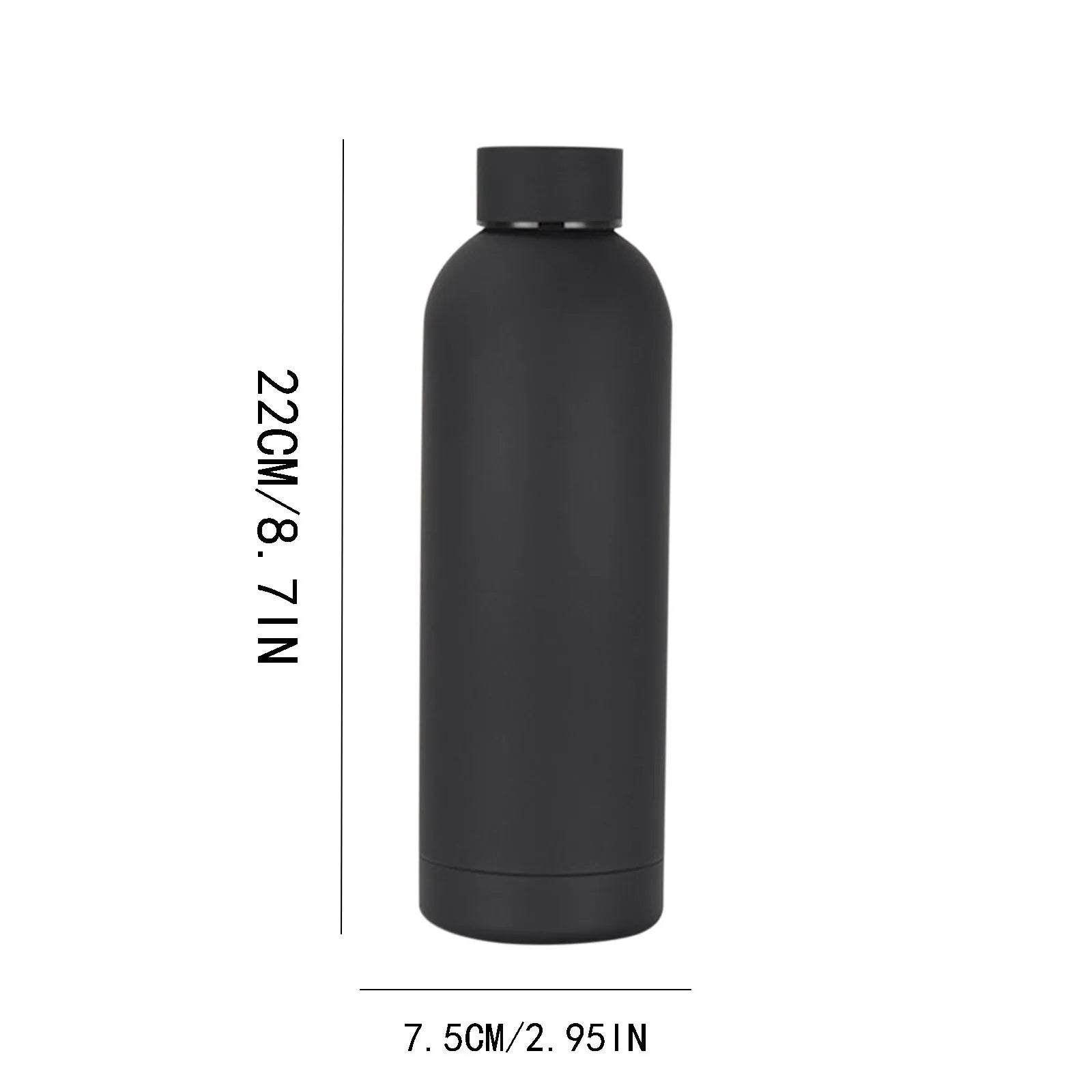 Black 500ml insulated stainless steel water bottle for hot and cold drinks.