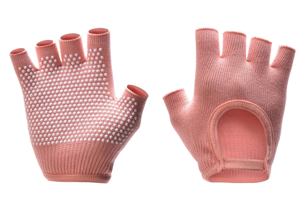 Light pink half-finger yoga gloves with white grip dots and finger openings