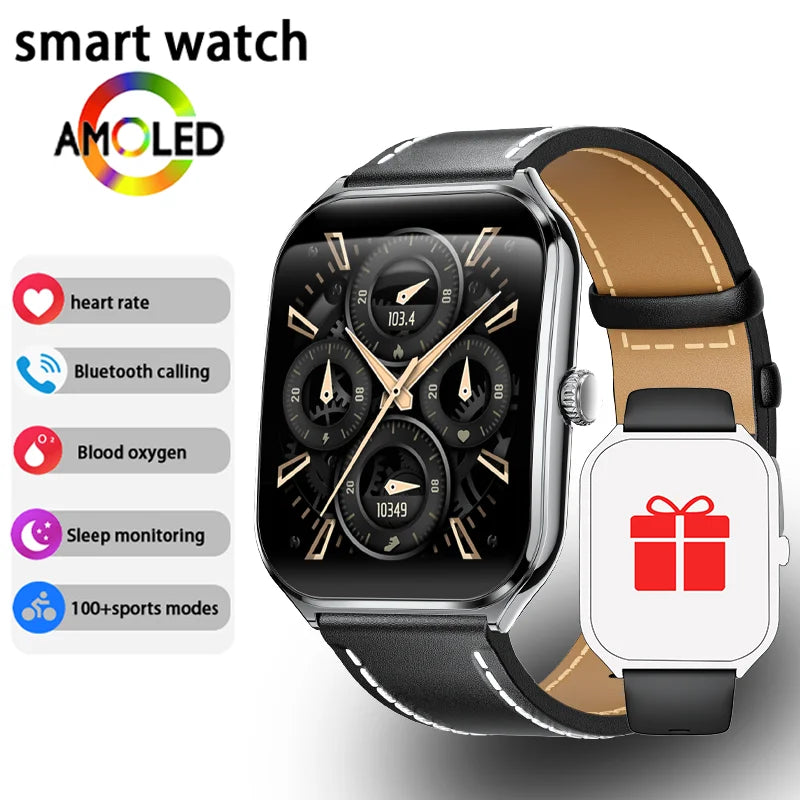 Ultra-thin AMOLED smart watch with brown leather strap and black display
