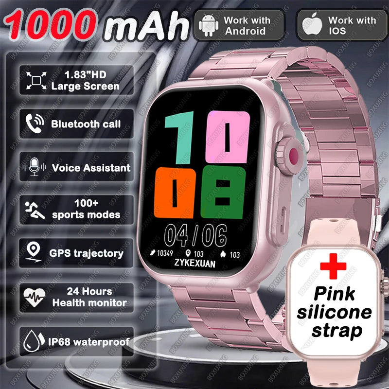 Smart Watch Cedar & Moore with pink silicone strap, 1.96-inch AMOLED display, Bluetooth calling, health monitoring