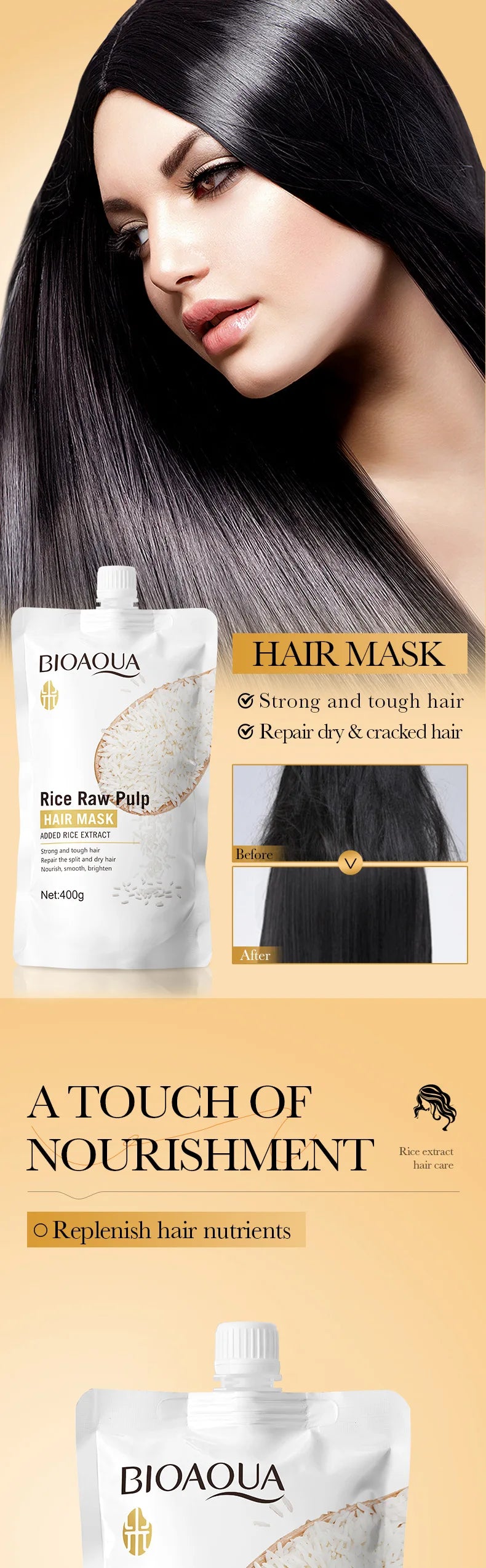 Bioaqua Rice Raw Pulp Hair Mask pouch (2x) with a long black-haired model for hair treatment