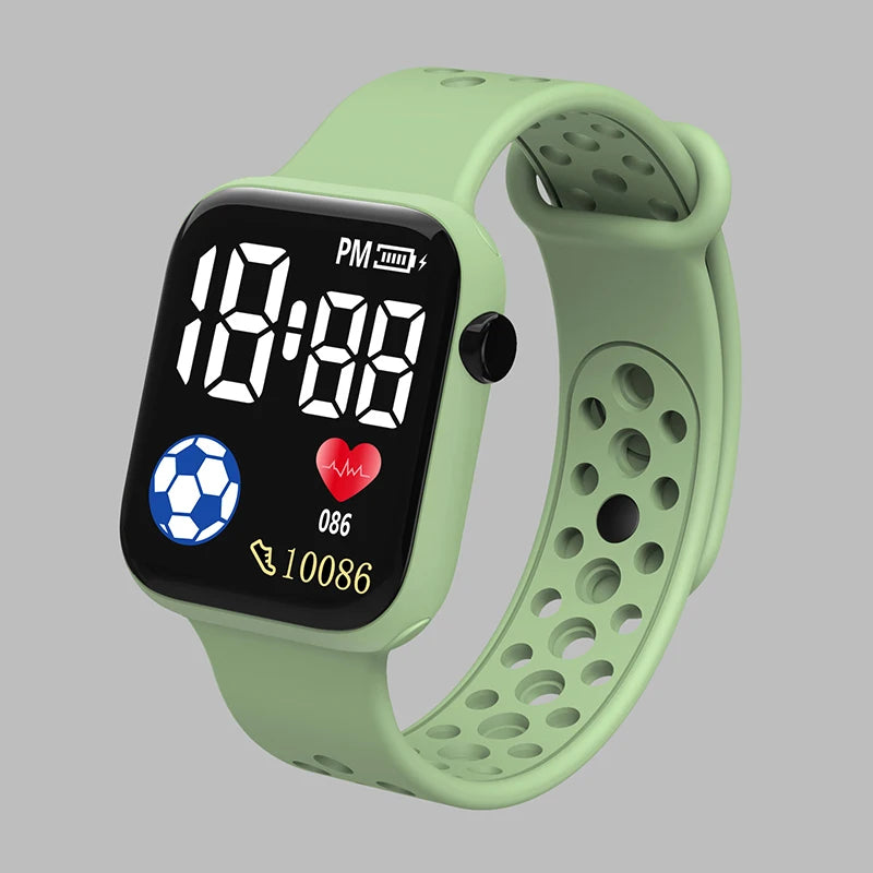 Kids LED digital watch with silicone strap, light green case and band, black display screen