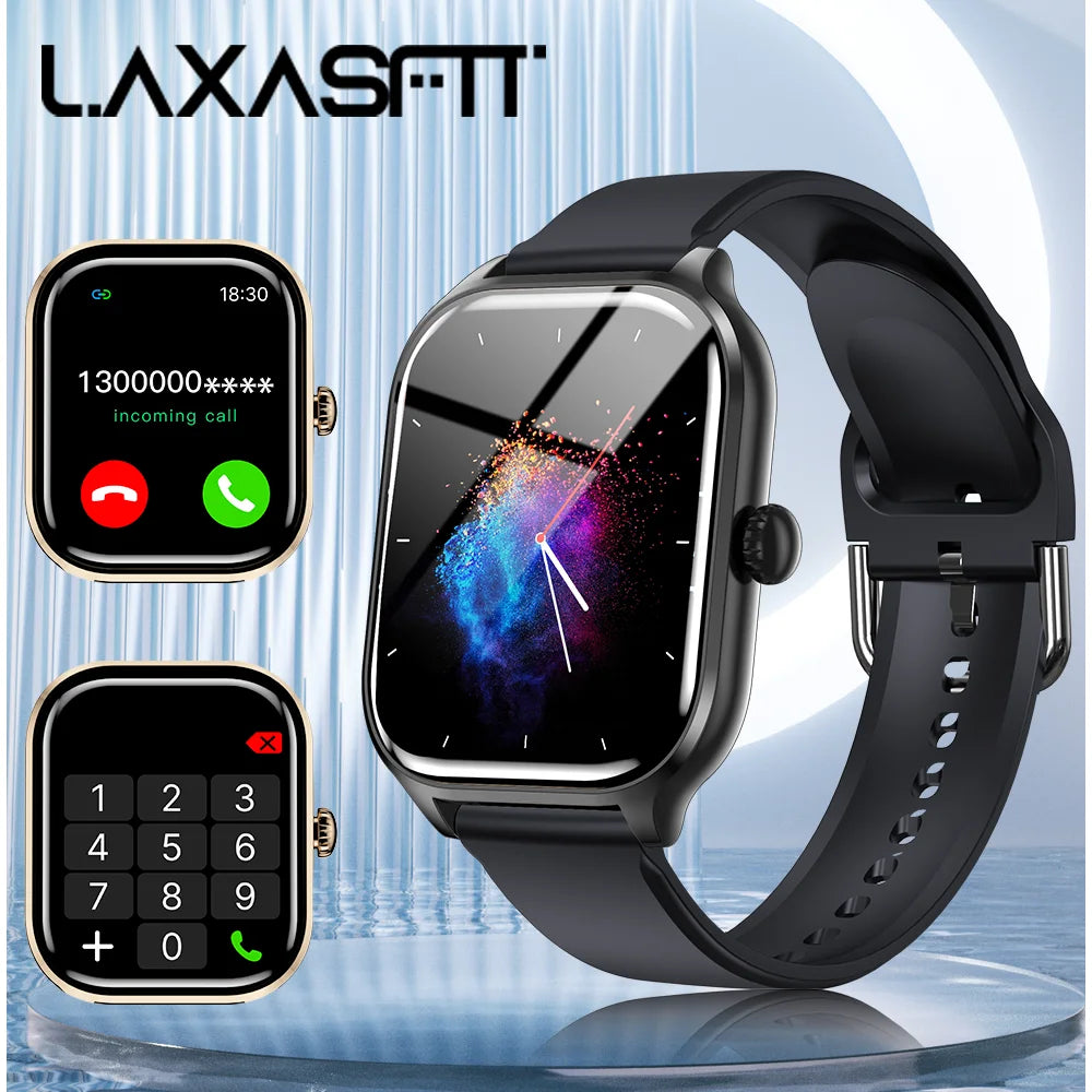 LAXASFIT H9 Pro Max smart watch with black strap; three watches shown