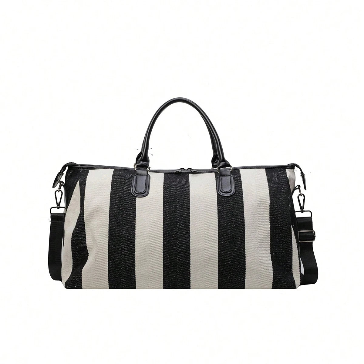 Black and white striped duffle bag with top handles and side zipper closures