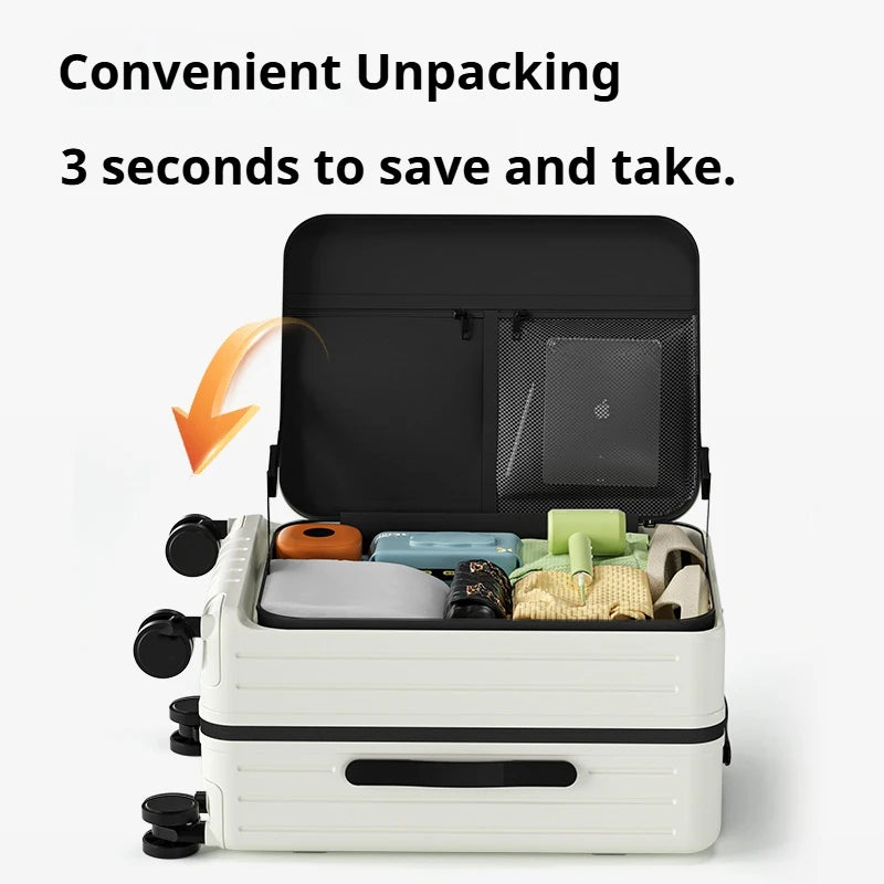 Front-opening rolling suitcase open to show interior storage compartments and mesh pouch