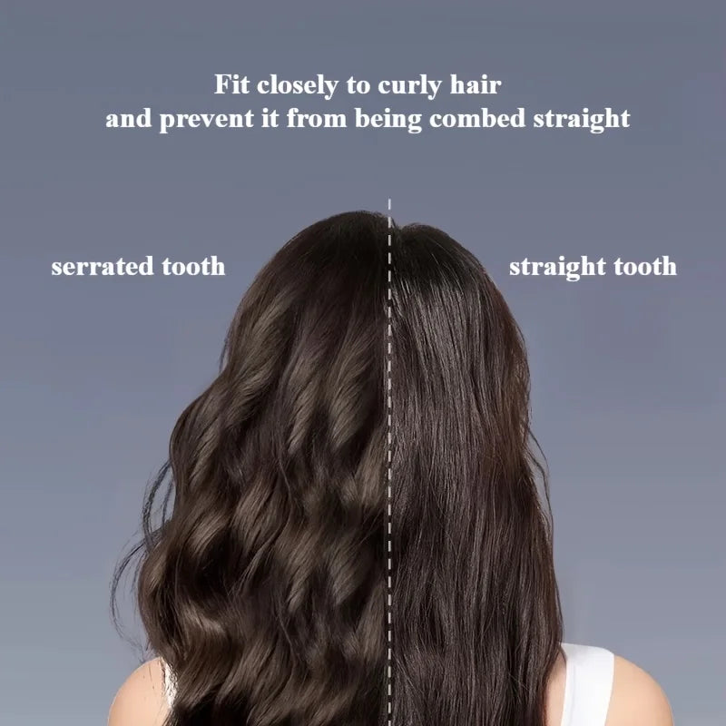 Curly hair detangling comb teeth diagram showing serrated and straight tooth sections