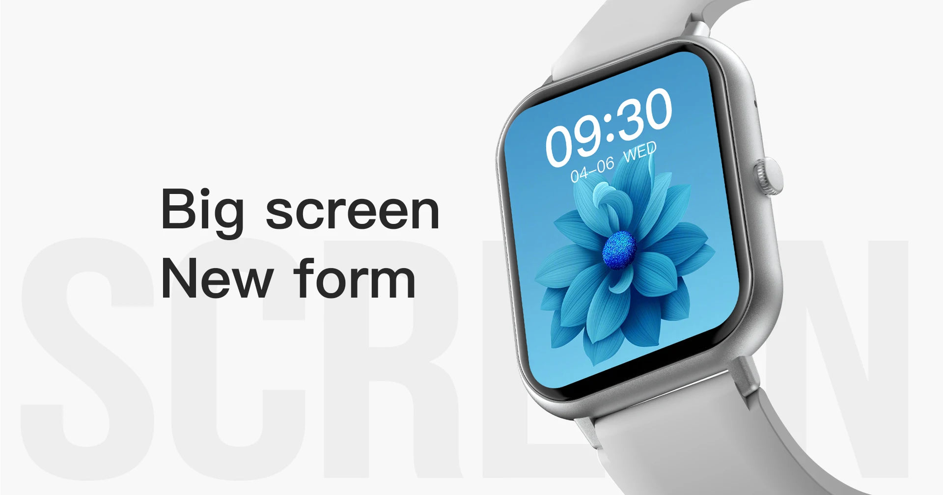 Large-screen smartwatch on silver band showing a blue flower display