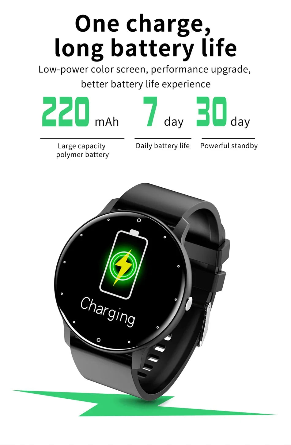 KaiAqua X27 Fitness Smart Watch, black strap, charging round display.