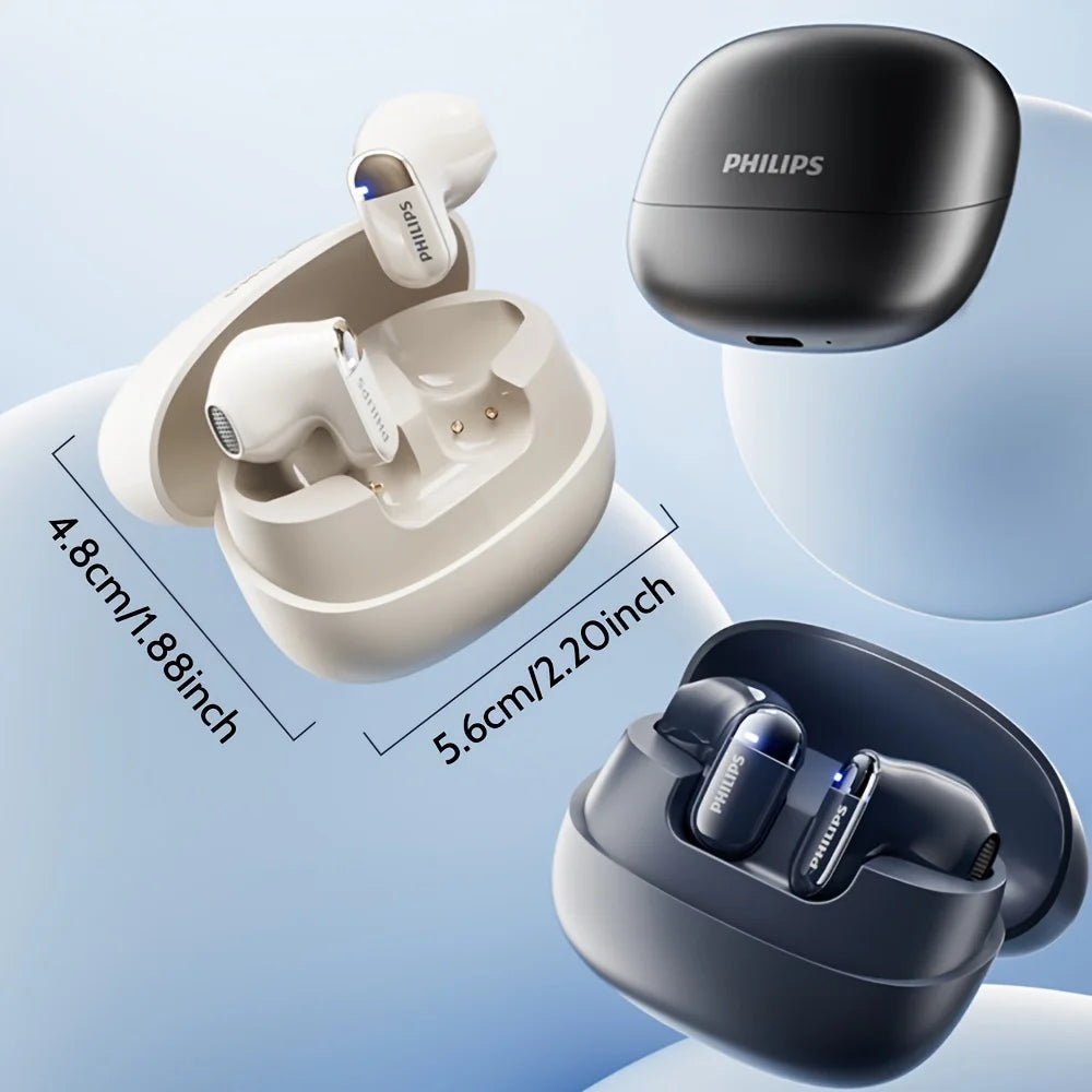 White and dark wireless earbuds with charging case, earbuds shown out of case
