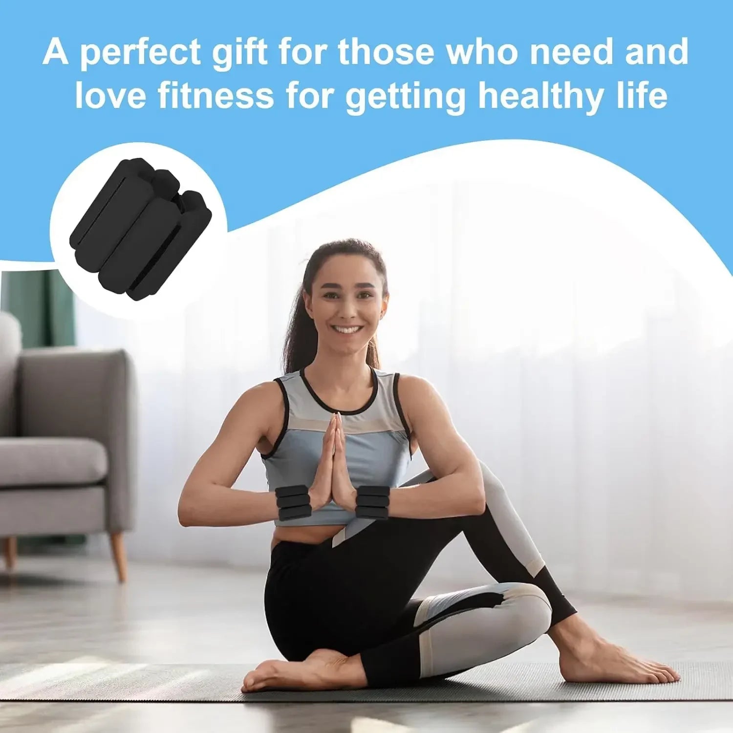Adjustable wearable arm and leg weights set, black wrist and ankle straps in use