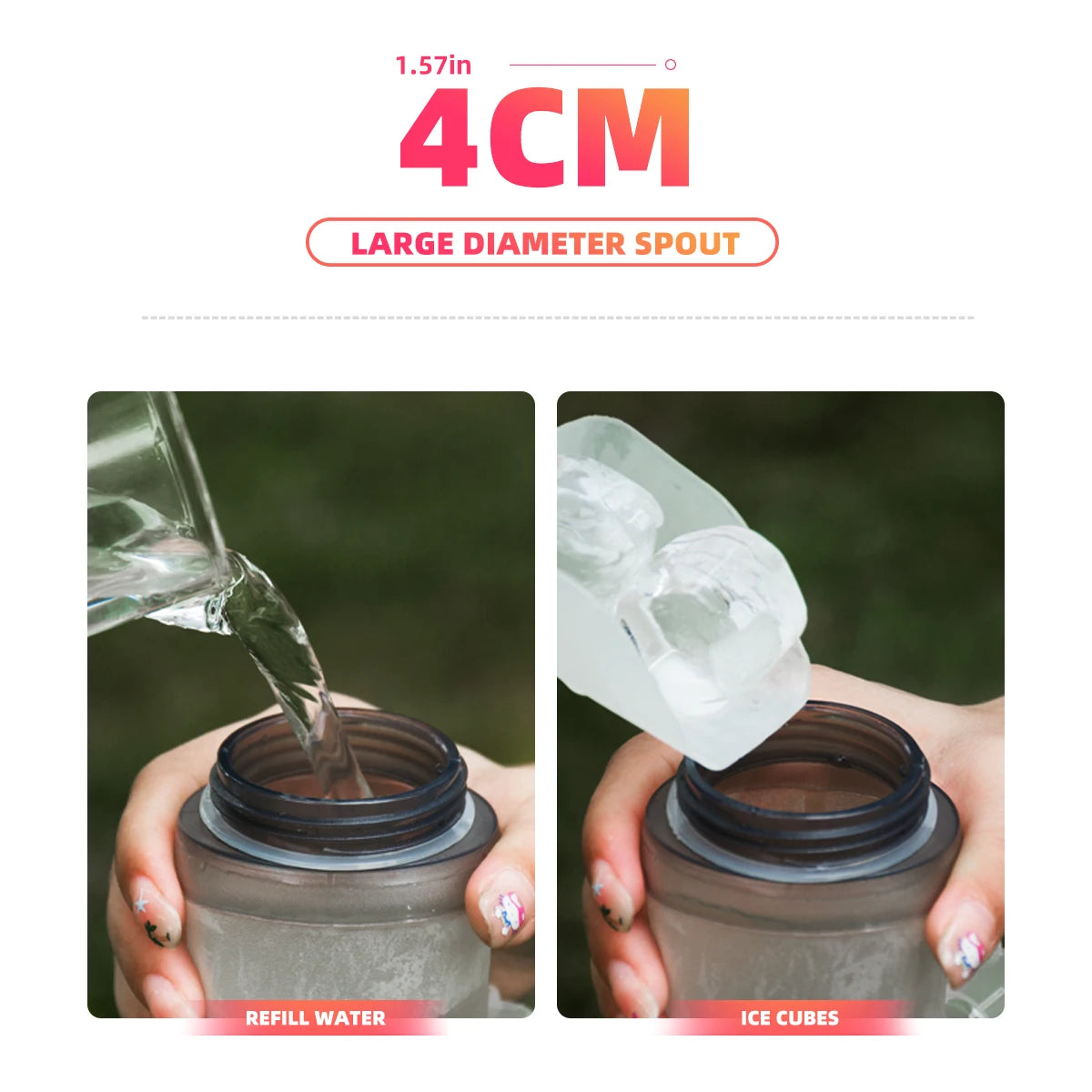 Collapsible soft flask with wide spout; pouring water from the bottle opening