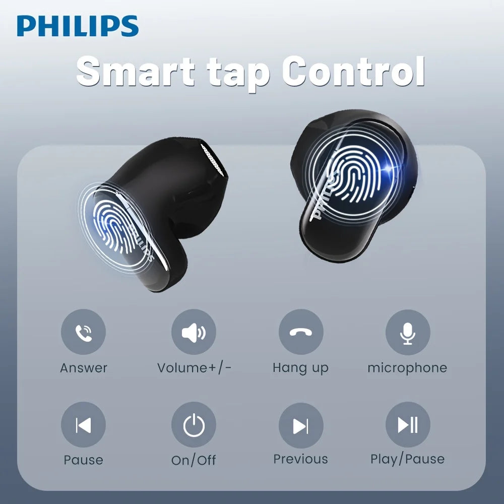 Black wireless earbuds with charging case, earbuds shown with front orientation