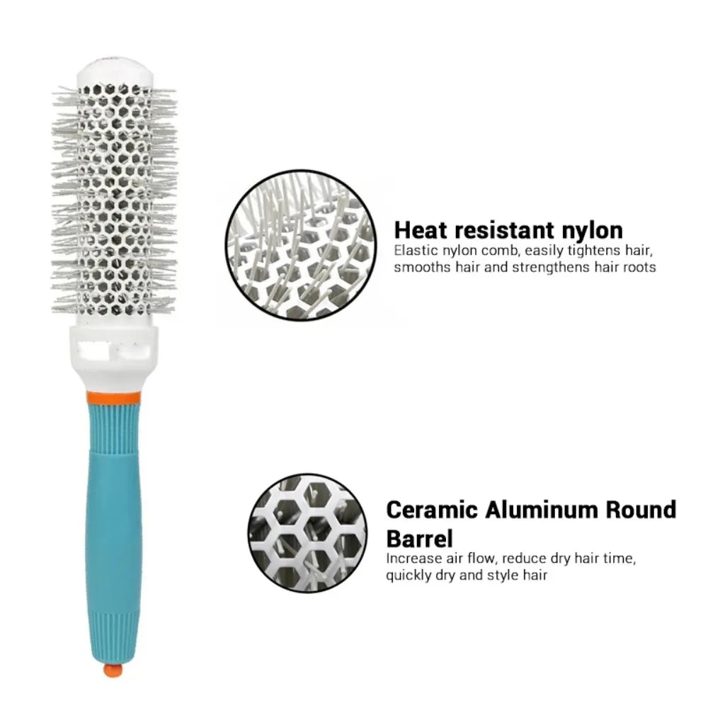 Round barrel hair brush with silver bristle head, teal handle, and honeycomb metal barrel