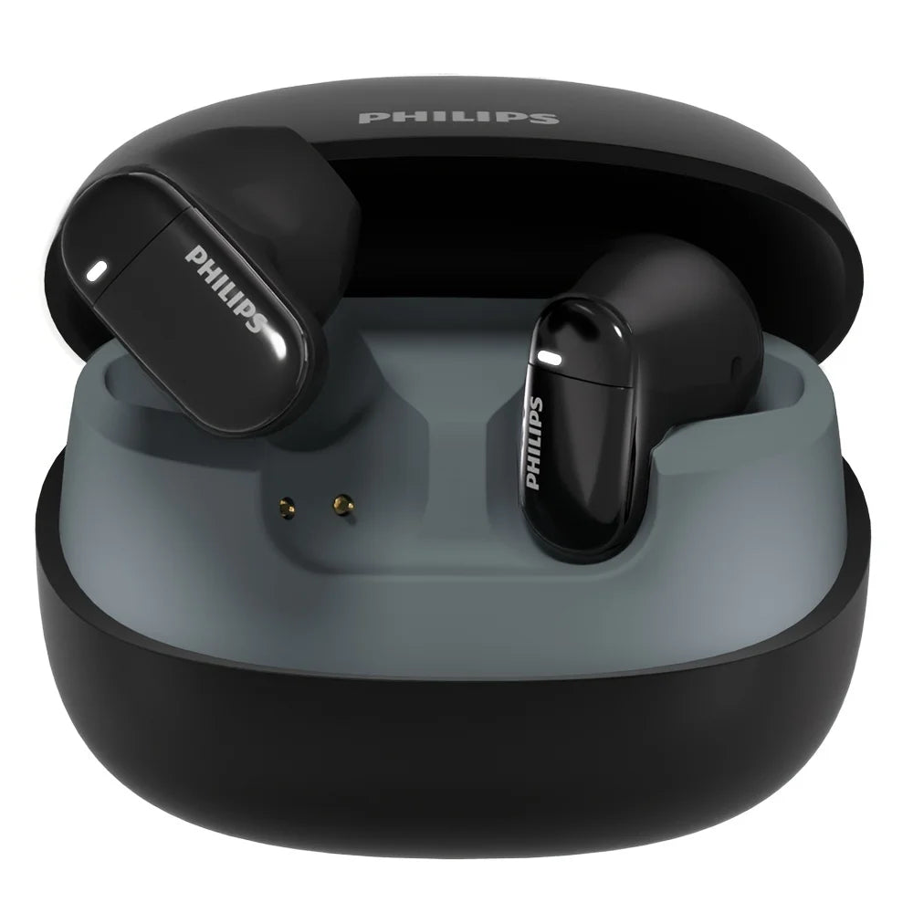 Philips wireless earbuds with black charging case and black earbuds