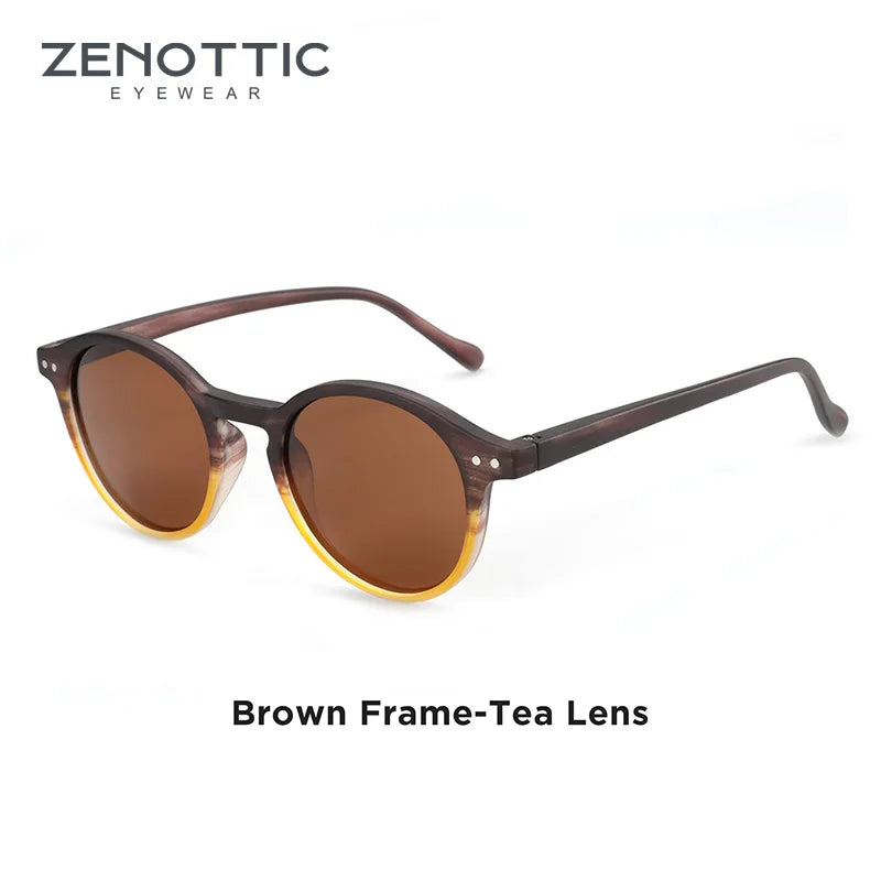 Retro small round sunglasses, tea brown lenses, dark brown frame with curved tips
