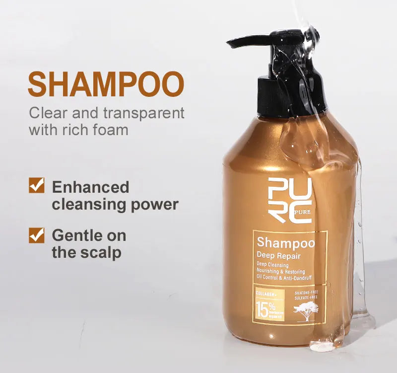 Shampoo bottle with black pump, amber liquid bottle